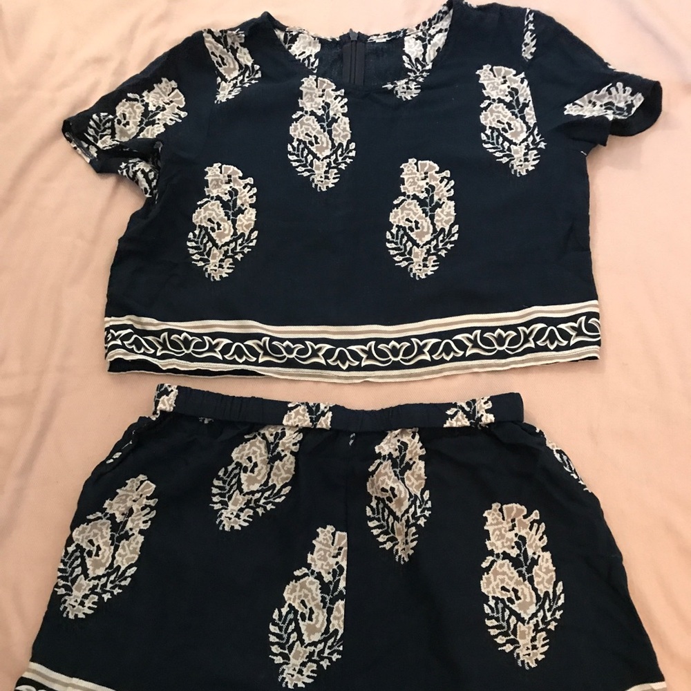 Navy and Cream printed crop top and shorts